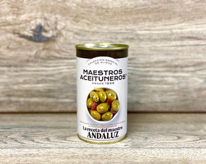 Olīvas zaļas ar kauliņiem Andalūzijas gaumē  ar pipariem, papriku un ķiplokiem [ 350 G ]